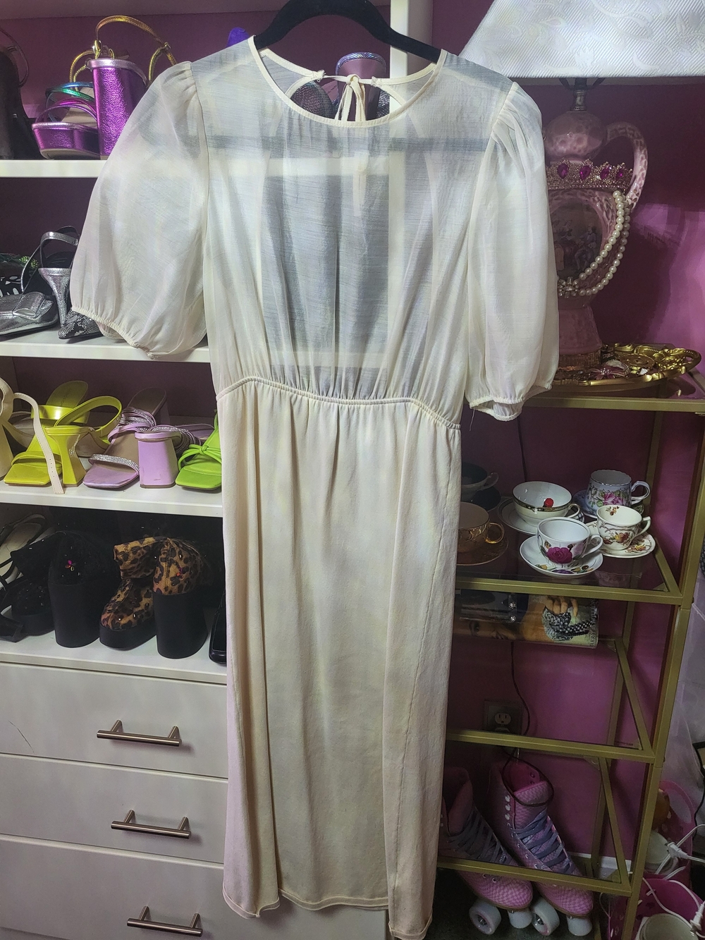 Sheer Puff-Sleeve Cream Open Back Midi Dress
